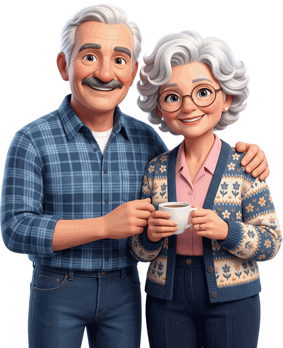 An illustration of a smiling couple sharing a cup of coffee at home